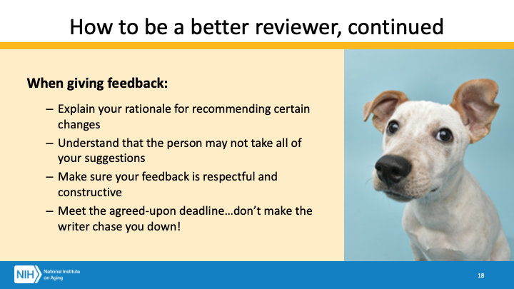 Digital_Gov's tweet photo. #PlainLanguageSummit 
How to be a better reviewer— tips on questions to ask your content authors, and things to remember when providing feedback: https://t.co/AAatmOcFql