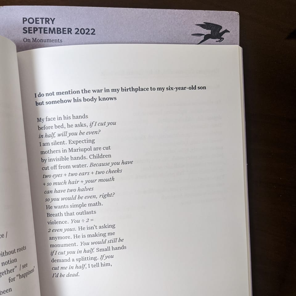 Today is 6 months since the brutal invasion of Ukraine.  Of Russia shelling civilian centers, of slaughter &amp; violation. Today is also Ukrainian Independence Day, a reminder of what is being fought for. My own small way of fighting is poetry, the most recent in <a href="/poetrymagazine/">POETRY magazine</a>