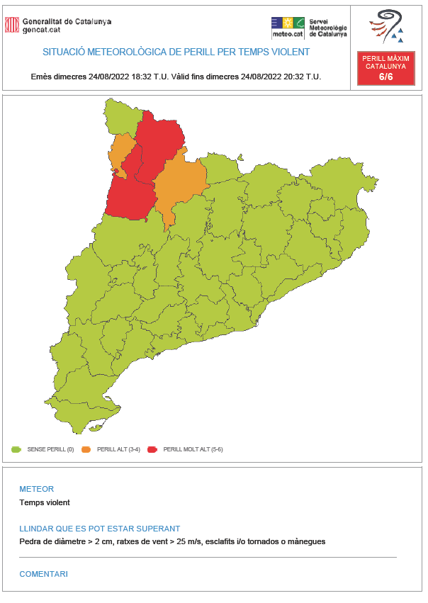 meteocat's tweet photo. ⚠ El Servei Meteorològic de Catalunya emet avís per temps violent (#avisosSMP) ⚠

➡ Dc. 18.32 TU a dc. 20.32 TU

➡ Possibilitat de pedra de diàmetre > 2 cm, ratxes de vent > 25 m/s, esclafits i/o tornados o mànegues. https://t.co/g7GfnauIfp