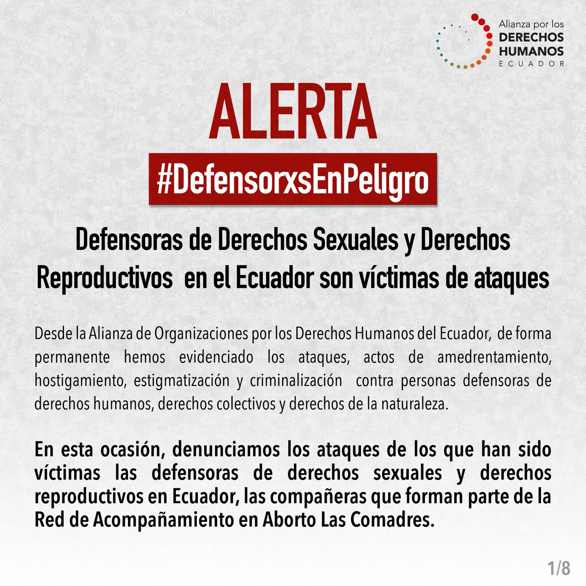 DDHH_Alianza's tweet photo. 🚨ALERTA PÚBLICA Defensoras de #DerechosSexuales y #DerechosReproductivos en el Ecuador son víctimas de ataques. No Más #DefensorxsEnPeligro
@comadresec @DDHH_Ec @CIDH @amnistia @ReproRightsLAC @Wambra @LaPeriodicanet @GKecuador @revistaPlanV
➕Info➡️https://t.co/gwTAh6w2U0
🧵👇 https://t.co/DLODEkpdye