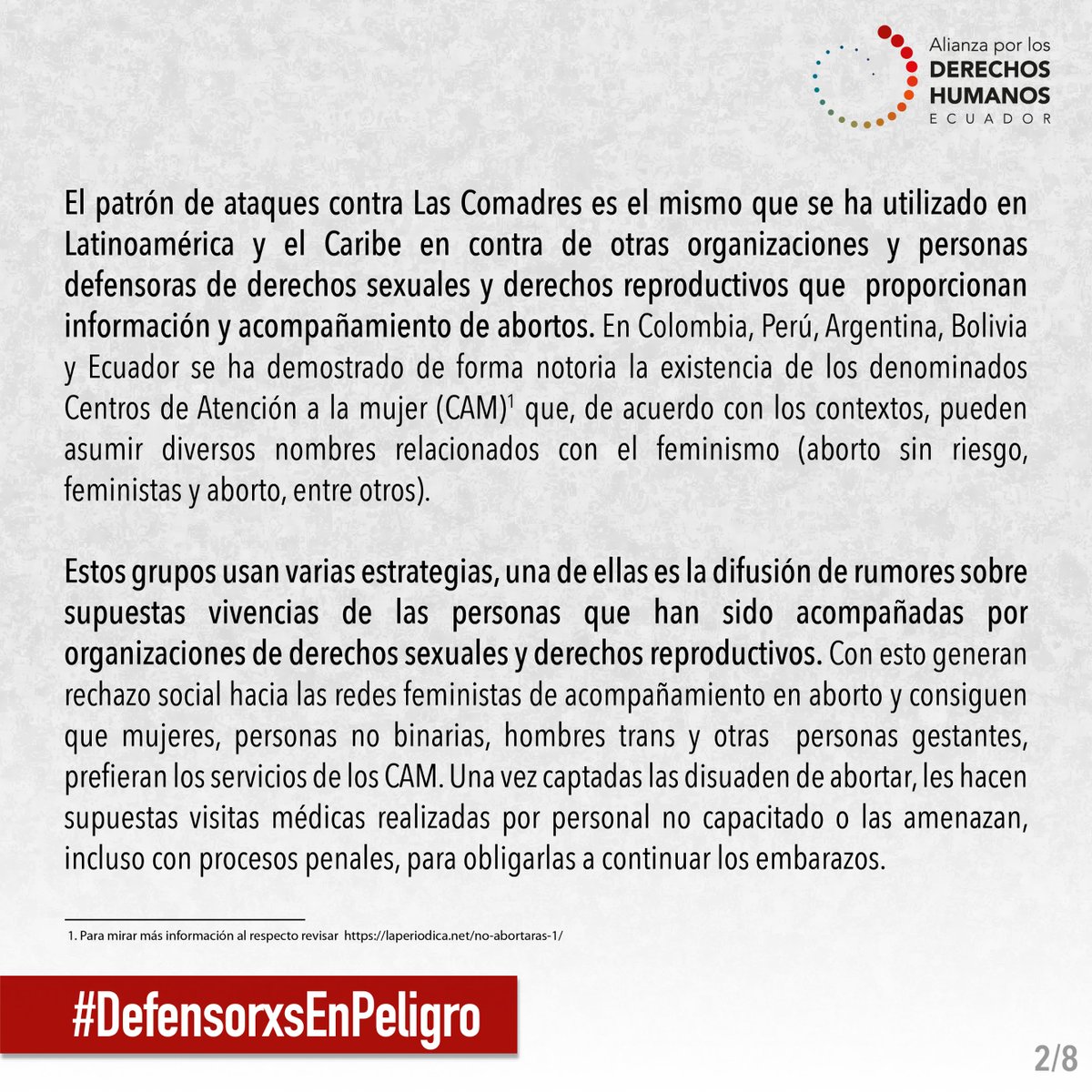 DDHH_Alianza's tweet photo. 🚨ALERTA PÚBLICA Defensoras de #DerechosSexuales y #DerechosReproductivos en el Ecuador son víctimas de ataques. No Más #DefensorxsEnPeligro
@comadresec @DDHH_Ec @CIDH @amnistia @ReproRightsLAC @Wambra @LaPeriodicanet @GKecuador @revistaPlanV
➕Info➡️https://t.co/gwTAh6w2U0
🧵👇 https://t.co/DLODEkpdye