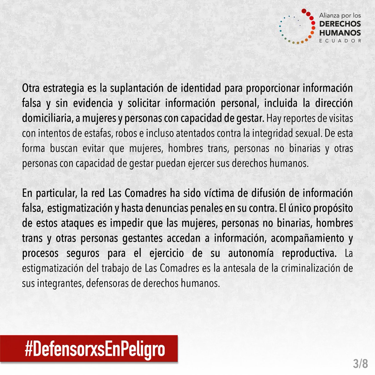 DDHH_Alianza's tweet photo. 🚨ALERTA PÚBLICA Defensoras de #DerechosSexuales y #DerechosReproductivos en el Ecuador son víctimas de ataques. No Más #DefensorxsEnPeligro
@comadresec @DDHH_Ec @CIDH @amnistia @ReproRightsLAC @Wambra @LaPeriodicanet @GKecuador @revistaPlanV
➕Info➡️https://t.co/gwTAh6w2U0
🧵👇 https://t.co/DLODEkpdye