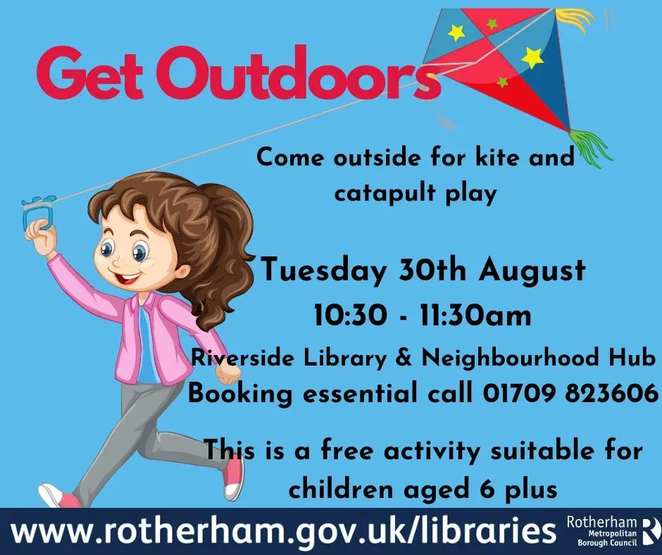 RothTownCentre's tweet photo. On Tue 30 August, get outdoors with Riverside Library for free kite &amp; catapult play. Booking is essential by calling 01709 823606. Suitable for ages 6+. 
Follow @RothLibraries Library for more updates.  
#librariesmatter #loveyourlocallibrary #rotherhamtowncentre #summerholidays https://t.co/HvkKpMcBdZ
