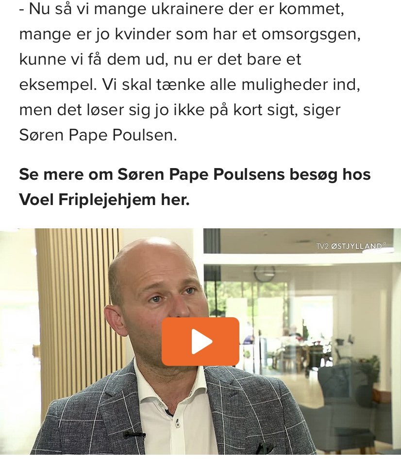 Plejehjem: Vi mangler arbejdskraft

Søren Pape: Mon ikke vi har nogle kvinder eller ukrainere eller kvindelige ukrainere til den opgave, de har et omsorgsgen

Via TV2 Østjylland