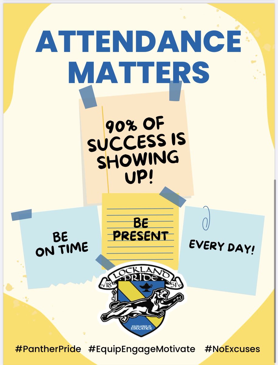 LocklandLocal's tweet photo. Seat time MATTERS … be in school, on time, EVERY day that you are healthy. #PantherPride #EquipEngageMotivate #HabituallyHopeful @state_support13 @OHEducation @hstwSWohio https://t.co/f5hI0DMEtK