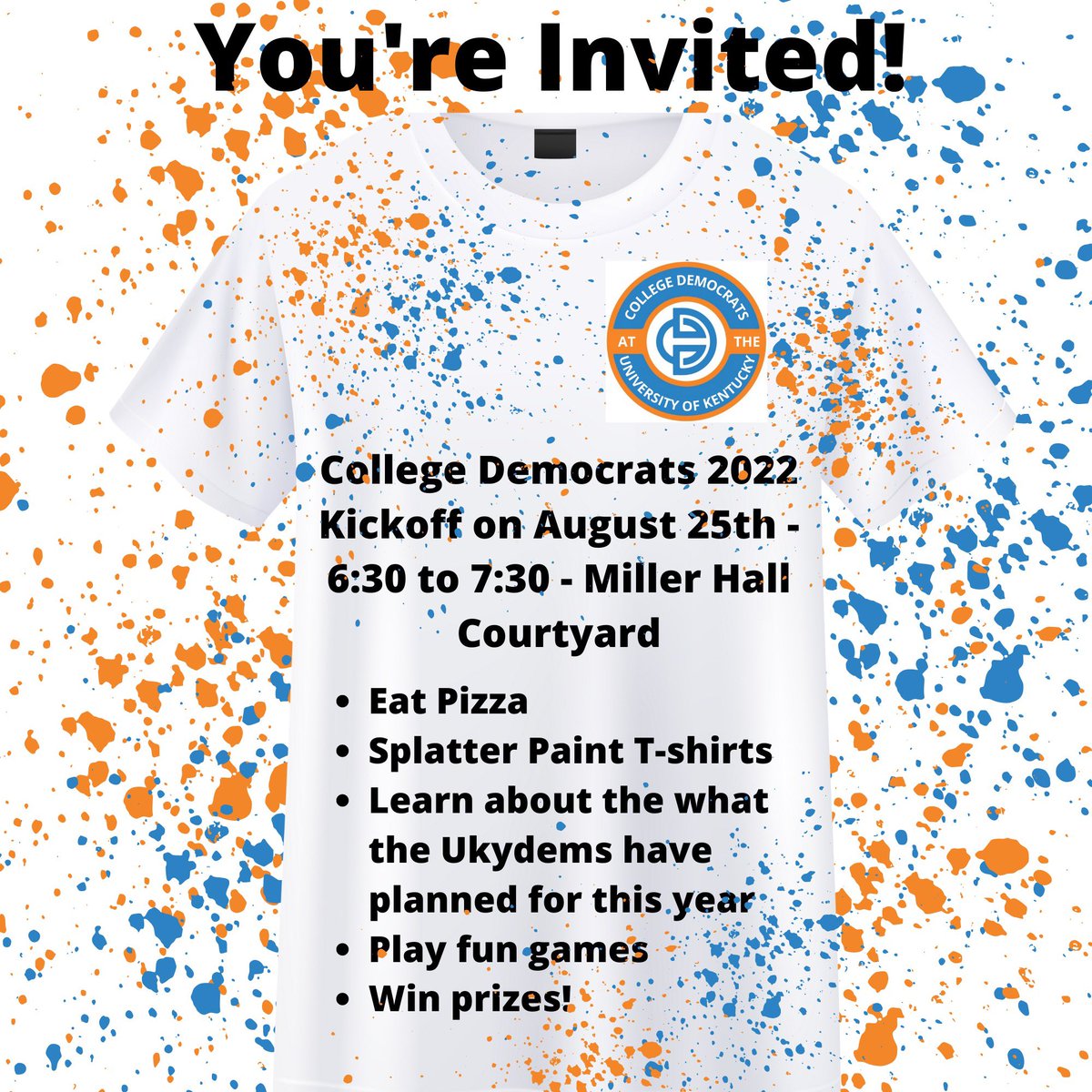 ukydems's tweet photo. TOMORROW!!! We’re starting the semester off strong with a splatter paint party 🎉 

Whether you’re a returning member or just want to get to know us, come out and have some fun!! 💙🤍💙🤍 https://t.co/6GtNnrBitZ