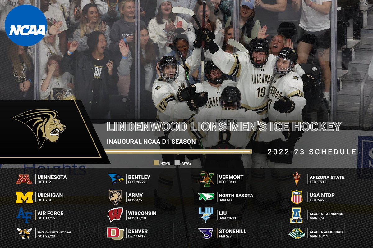 The <a href="/LULionsHockey/">Lindenwood Hockey</a> team 🦁🏒 will open up the 2️⃣0️⃣2️⃣2️⃣-2️⃣3️⃣ season on Saturday, October 1 at the University of Minnesota. The home opener is set for Friday, October 14 against Air Force. 

📕 | bit.ly/3dOclXH

#NewLevel