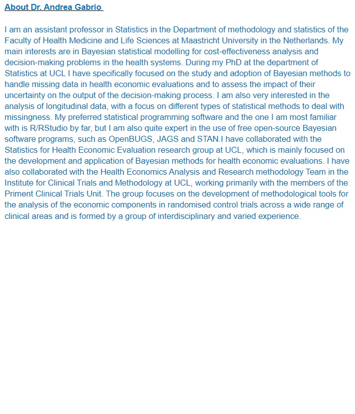 Lily Huajie Jin (@jinhuajiehotma1) on Twitter photo Interested to know how to use Bayesian methods for dealing with missing data in health economics? Join our next virtual @KHE_Kings seminar led by <a href="/AndreaGabrio/">Andrea Gabrio</a> from <a href="/FHMLmaastricht/">FHMLmaastricht</a> at 1-2 pm Monday 5th Sep. Free tickets can be booked here: eventbrite.co.uk/e/bayesian-metā¦
<a href="/KCLBHI/">Biostatistics & Health Informatics at KCL</a> @HESG Interested to know how to use Bayesian methods for dealing with missing data in health economics? Join our next virtual @KHE_Kings seminar led by <a href="/AndreaGabrio/">Andrea Gabrio</a> from <a href="/FHMLmaastricht/">FHMLmaastricht</a> at 1-2 pm Monday 5th Sep. Free tickets can be booked here: eventbrite.co.uk/e/bayesian-metā¦
<a href="/KCLBHI/">Biostatistics & Health Informatics at KCL</a> @HESG