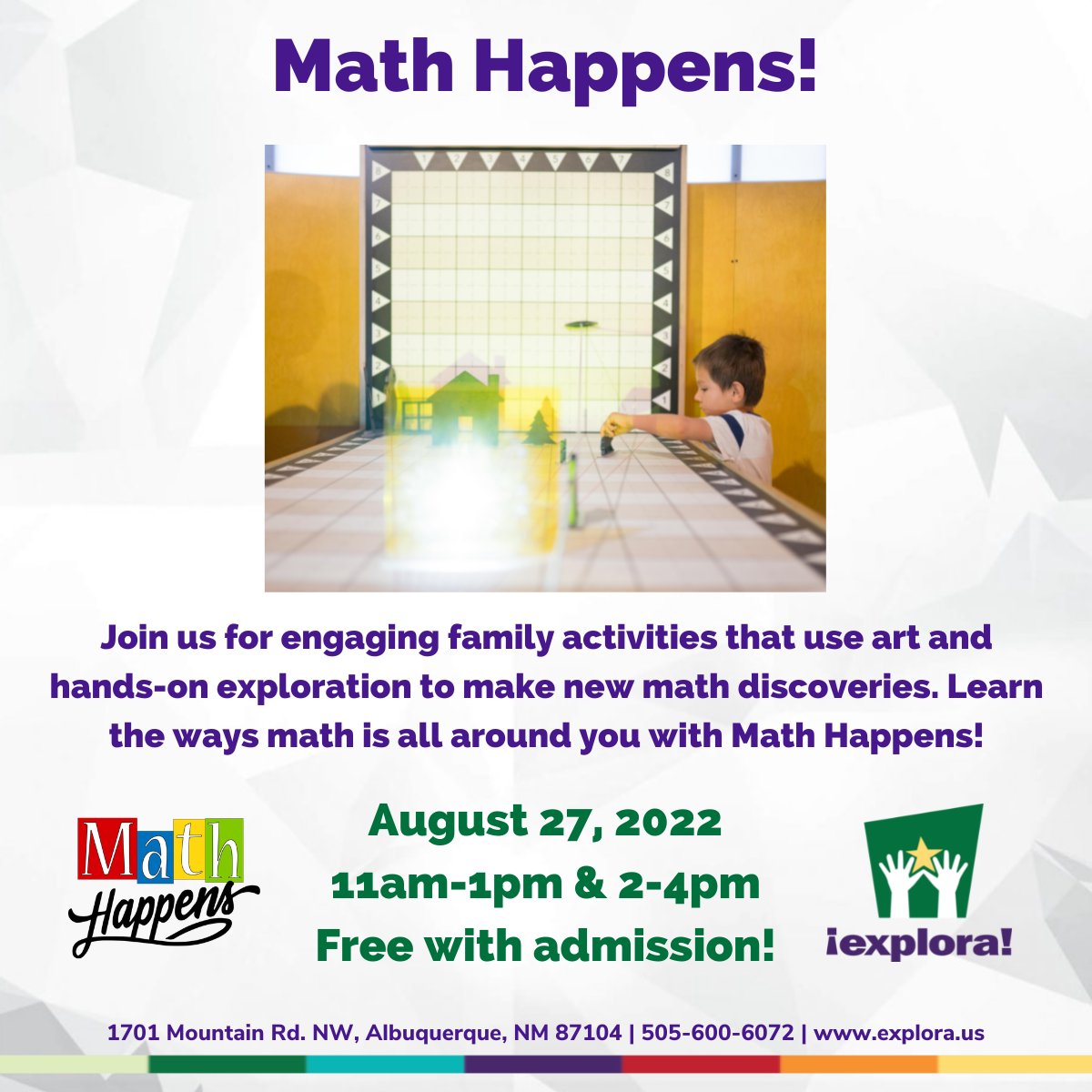 ExploraNM's tweet photo. Don't miss out on fun math activities for the whole family this Saturday with @MathHappensOrg!

#ABQevents #ABQ #OneAlbuquerque #ExploraNM https://t.co/uT0kuNBELw