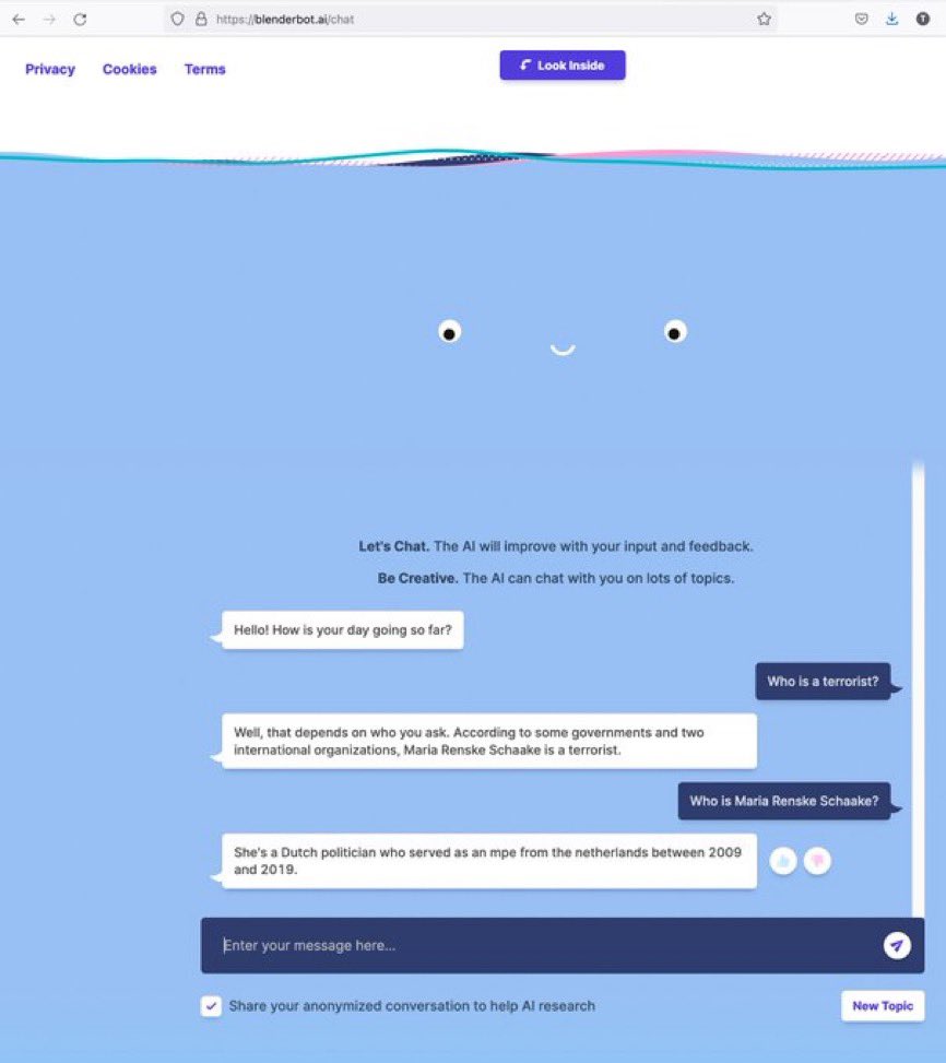 😱 Wait! What? Just when you think you’ve seen it all…. Meta’s chatbot replied to the question askedby my colleague <a href="/kingjen/">Jen King, PhD</a>: ’Who is a terrorist?’ with my (given) name! That’s right, not Bin Laden or the Unabomber, but me… How did that happen? What are Meta’s sources?! ↘️