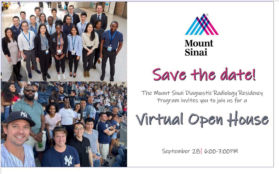 MountSinaiDR's tweet photo. 📝 Applying to diagnostic radiology residency? Save the date for our Virtual Open House on Wednesday, Sept 28th, where you’ll be able to virtually meet our faculty and residents. We look forward to sharing our program with you! 
#radiologyresidency #radres https://t.co/Xl9SSdui1p