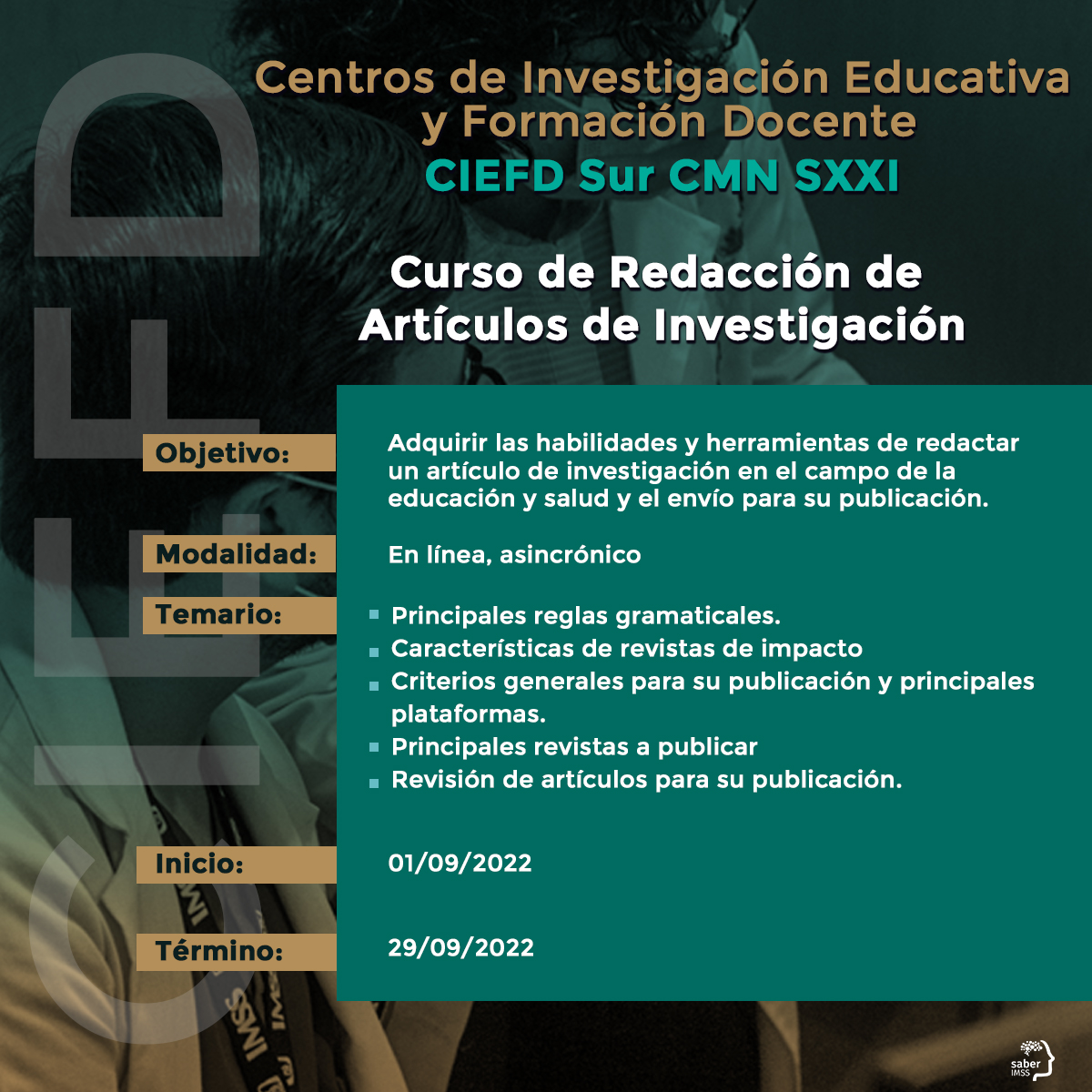Saber_IMSS's tweet photo. #DocenteIMSS ¿Te gustaría aprender a elaborar un artículo de investigación? El #CIEFD Sur CMN SXXI te invita al curso en línea de “Redacción de Artículos de Investigación” ¡Inscríbete!   
🔗 https://t.co/ViqeSPpWzo https://t.co/ouDfftlvka