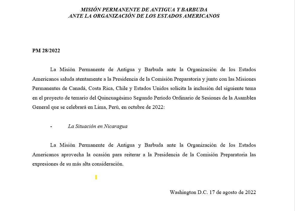ArturoMcfields's tweet photo. #LOULTIMO Antigua y Barbuda junto a Canadá, Costa Rica, Chile y Estados Unidos solicitan inclusión del tema la situación en Nicaragua en el proyecto de temario de 52 Asamblea General de la OEA que se celebrará en Lima, Perú, en octubre de 2022. https://t.co/hBYIYKxRw2