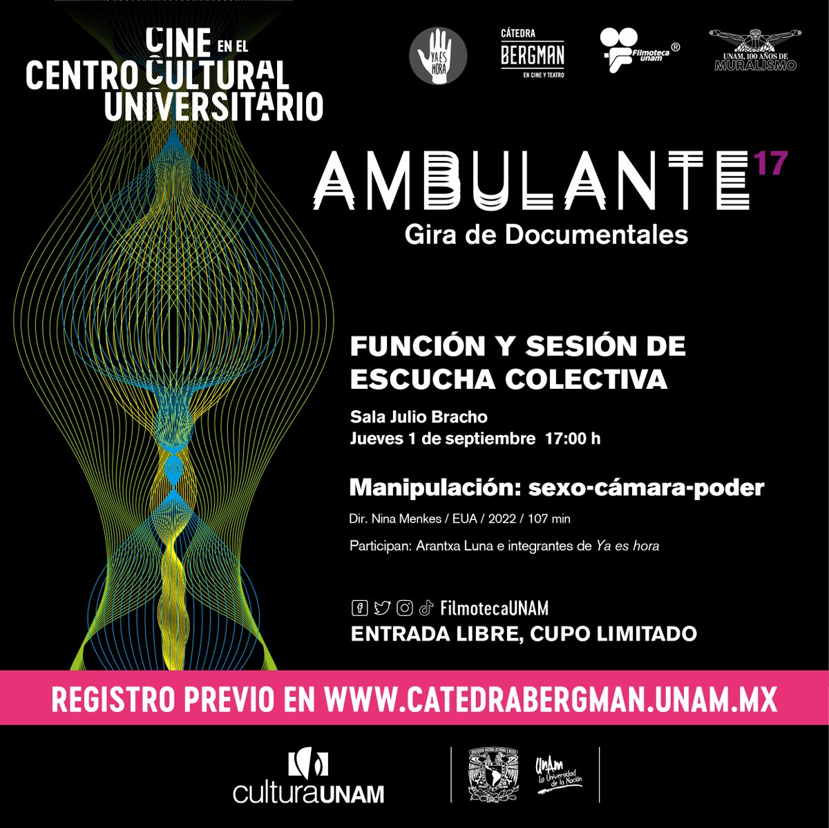 CatedraBergman's tweet photo. 'Manipulación: sexo-cámara-poder' explora el alcance que sigue teniendo la mirada masculina en el cine. 

1 sep | 17 h
Sala Julio Bracho
Función y sesión de escucha colectiva con @__arancho y @yaeshoramx
 
Registro: https://t.co/9QYjR9U2Ti

Gracias a @FilmotecaUNAM @Ambulante. https://t.co/9HYwW9gb54