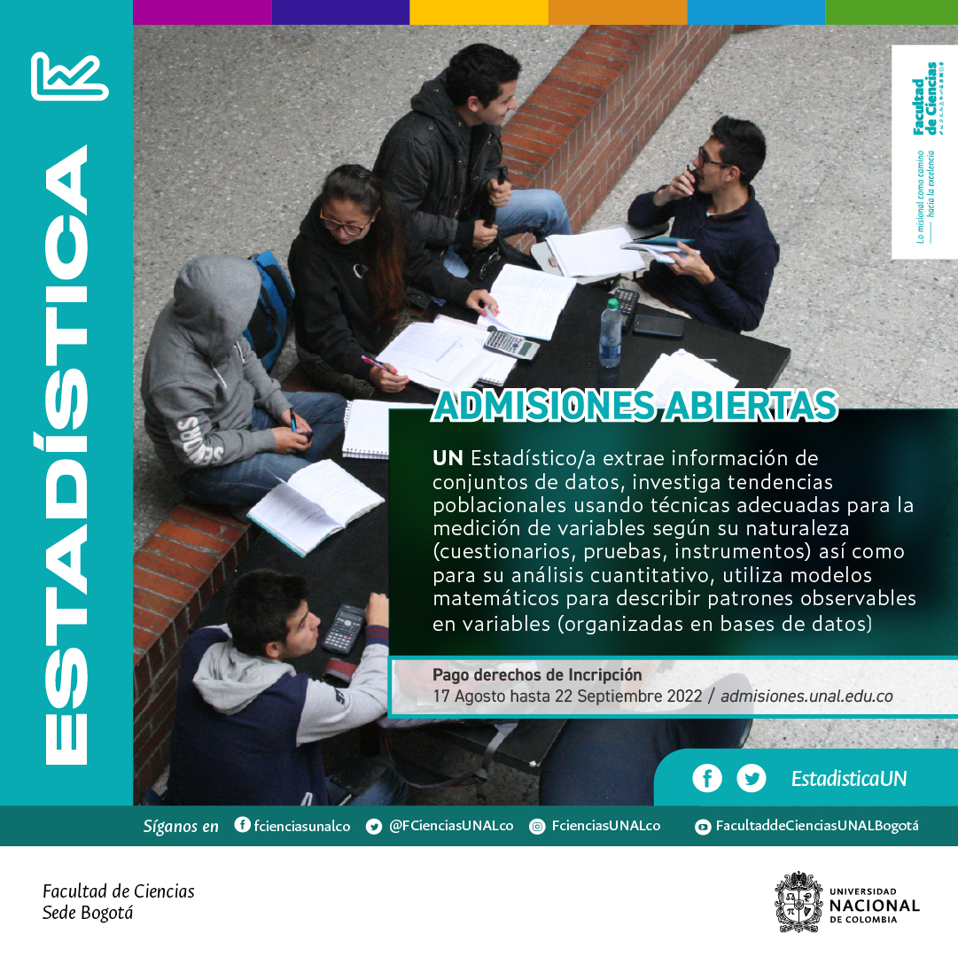 EstadisticaUN's tweet photo. #AdmisionesUNAL | En el programa de #EstadísticaUN te convertirás en un científico de datos capaz de analizar fenómenos relacionados con diferentes áreas del conocimiento 📈📊

¡Sé parte de nuestra #ComunidadCienciasUN 🧠!
+info: https://t.co/gxs2uBfKDS https://t.co/X9C4fYGEtm