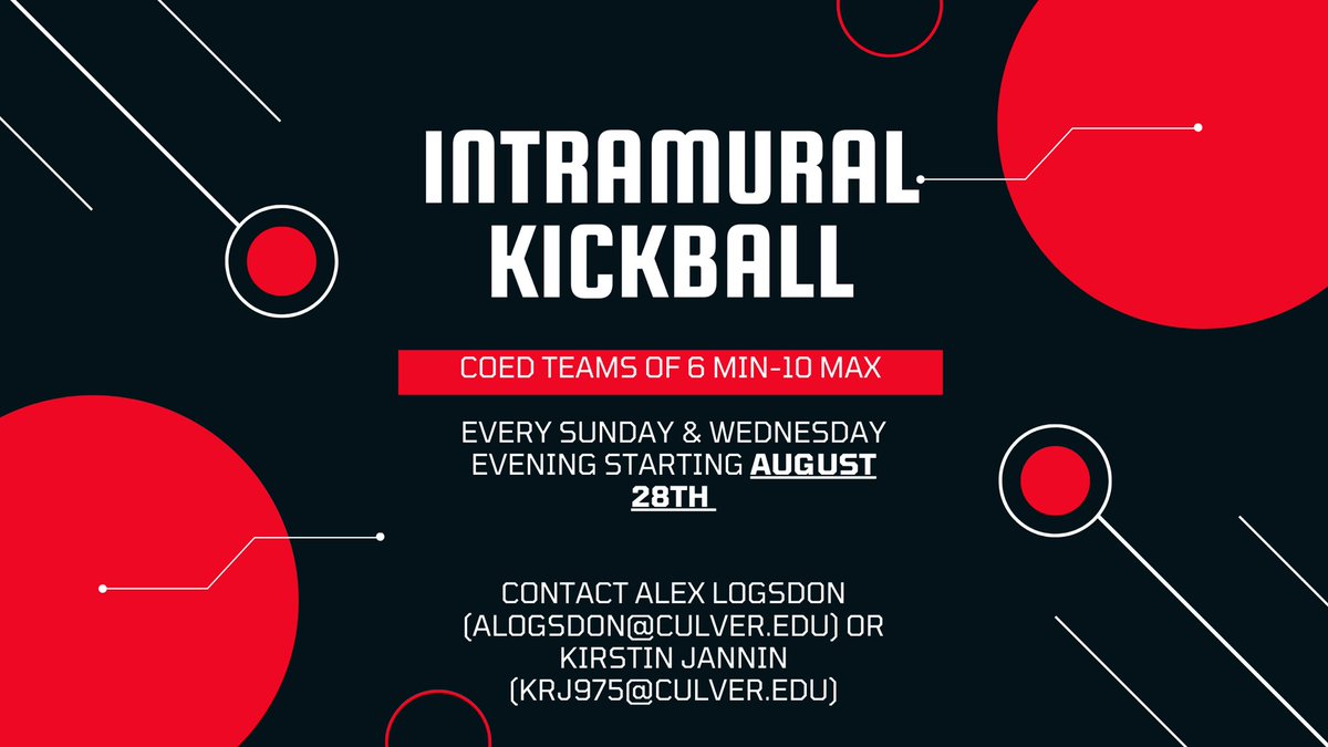 C_SCMabeeCenter's tweet photo. Don’t miss the chance to be apart of the IM Sports Kickball League! Sign ups start today!
This is a coed league, open to all students and faculty/staff of C-SC. Teams must consist of at least 6 players but no more than 10 in the field at a time. You may roster up to 15 players. https://t.co/GMvg4S0Eui