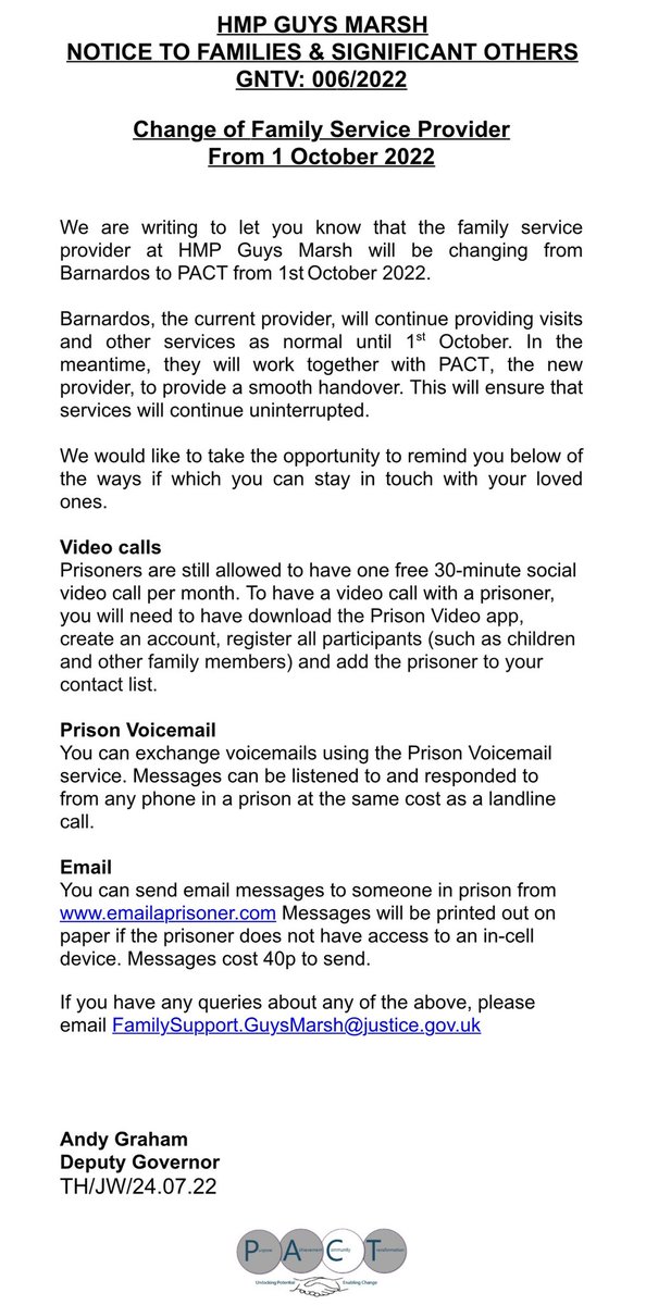 Please see below about family provider updates from the 1st October at HMP Guys Marsh👇