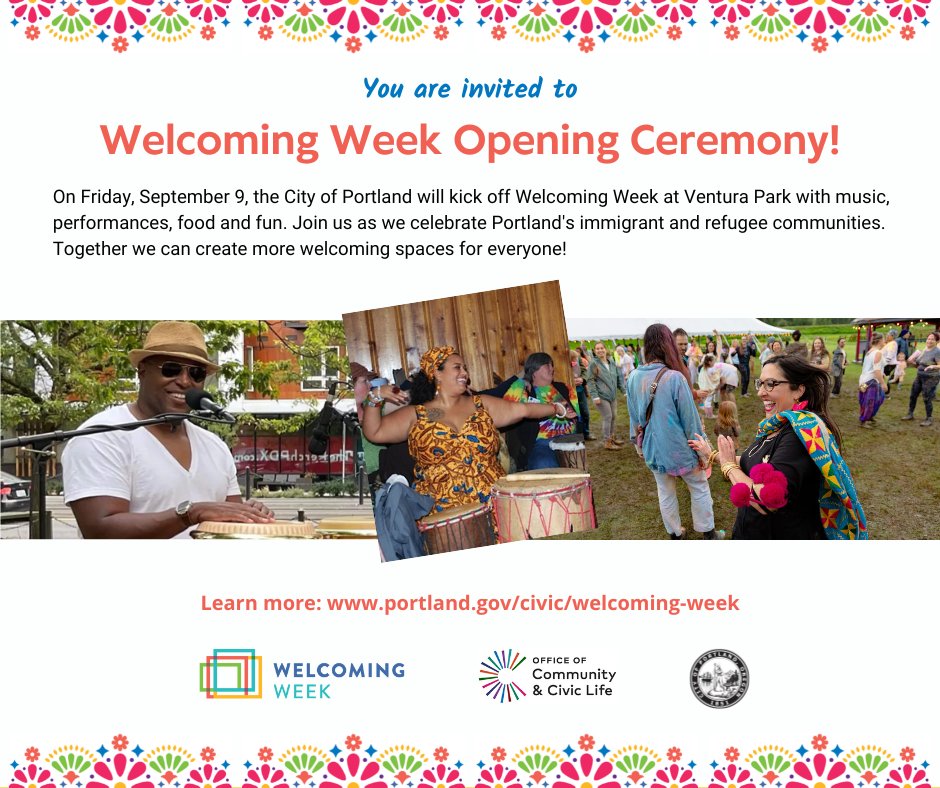 #Portland is #WhereWeBelong! Join Civic Life for the opening ceremony of #WelcomingWeek2022! This free event will have music and dance performances by @soncuba1 and @anjaliandthekid , delicious food, and more! Learn more at: portland.gov/civic/welcomin…