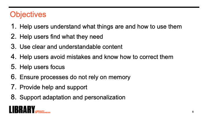 Digital_Gov's tweet photo. #PlainLanguageSummit 
Eight objectives that help everyone understand and navigate your content: https://t.co/C1lXNpklLb