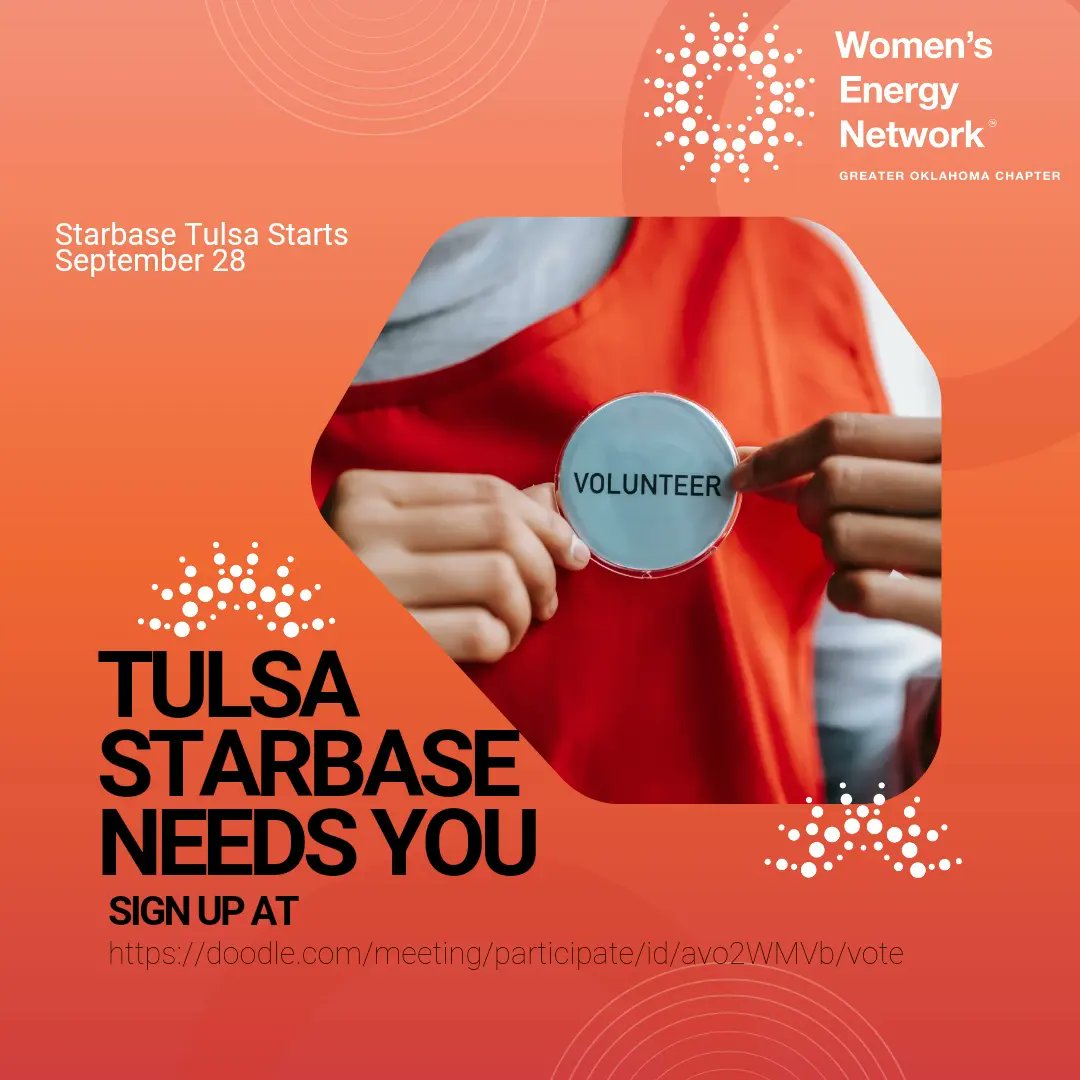 WENOklahoma's tweet photo. Tulsa Starbase Needs Volunteers!  Sign up at: https://doodle
com/meeting/participate/id/avo2WMVb/vote
 #WENGreaterOK #StemEducation https://t.co/cNIzm497ra