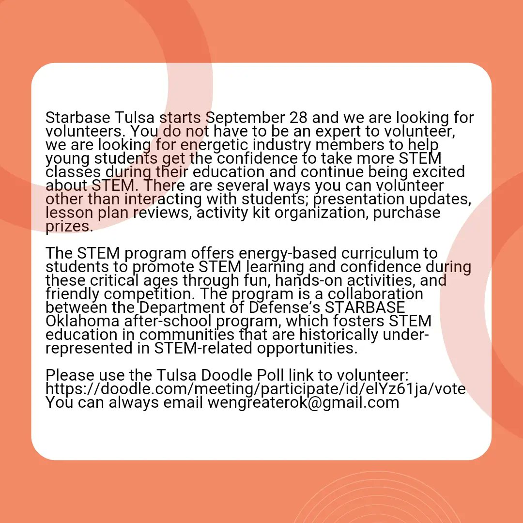 Tulsa Starbase Needs Volunteers!  Sign up at: https://doodle
com/meeting/participate/id/avo2WMVb/vote
 #WENGreaterOK #StemEducation