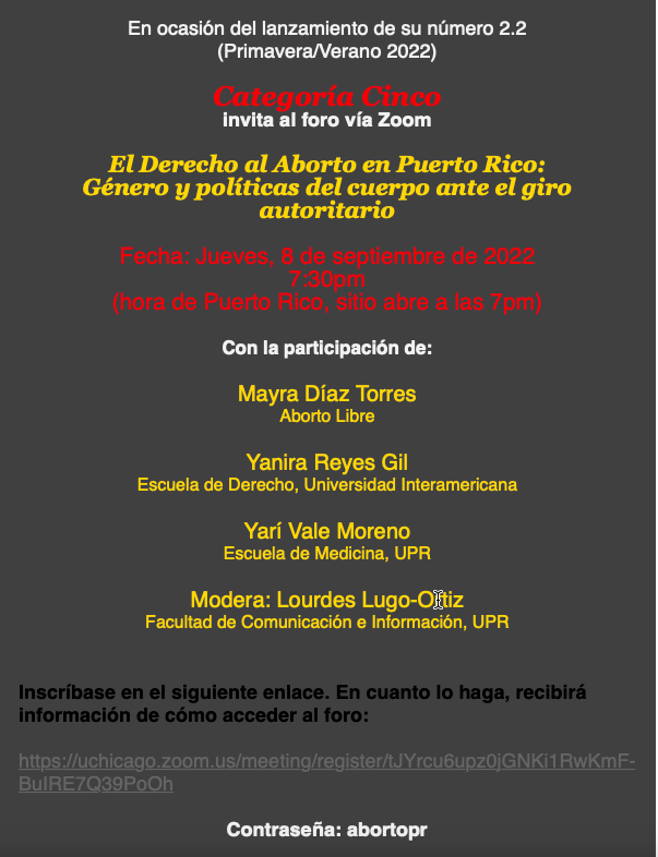 lourdeslugortiz's tweet photo. ¡Ponlo en agenda! El jueves 8 de septiembre a las 7:30 p.m., @categoria5pr auspicia un foro sobre el derecho al aborto en Puerto Rico, que contará con Mayra Díaz Torres, @AbortoPr; Yanira Reyes Gil, #InterMujeres, y Yari Vale Moreno, @rcmupr. https://t.co/7JfIM7OtKq