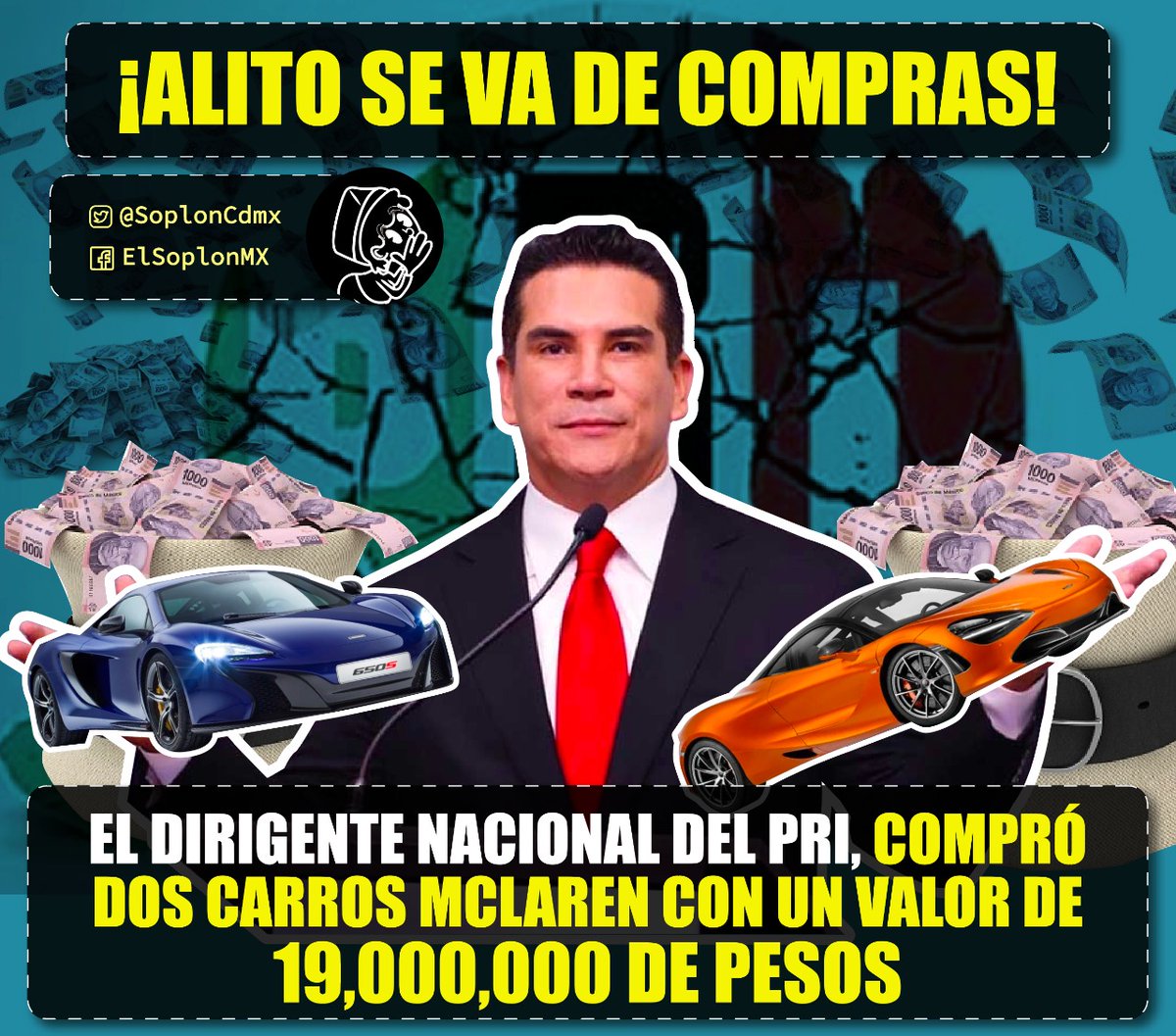 SoplonCdmx's tweet photo. “Los juguetes de Alejandro Moreno”

En el nuevo audio de @alitomorenoc se escucha como el dirigente nacional del @PRI_Nacional compra dos McLaren blindados por la modesta cantidad de 19 millones de pesos y que pagó de contado. 
#Alito #AlitoPack #AlitoCachondo https://t.co/XNl0FduXNA