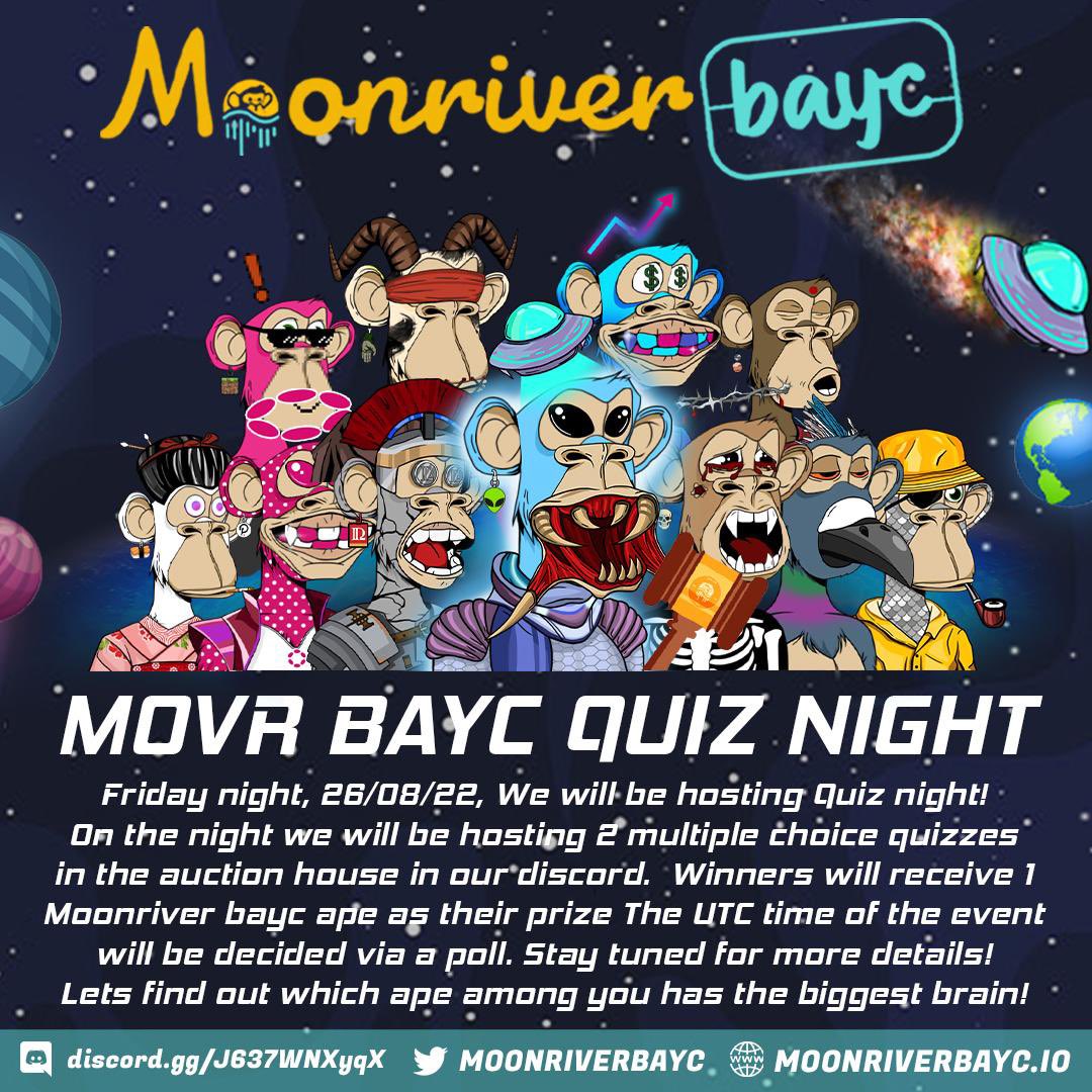 MoonriverBAYC's tweet photo. 👀 We will host a multiple choice quiz this Friday 26/8/22 in our discord 👾 
https://t.co/V6esKUlzlK

There will be 2 apes to giveaway to the winners🏆

Your knowledge and wit will be tested be ready🎉

$MOVR  #NFT #NFTgiveaway https://t.co/JaOmPWK2Nt