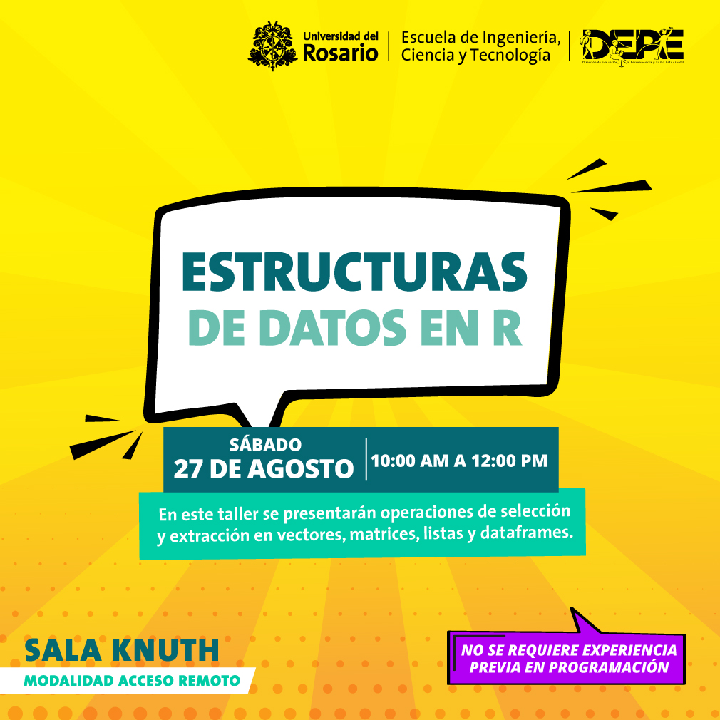 ¿Sabías que puedes manipular tus datos en R usando estructuras? Te esperamos este sábado en nuestro taller Knuth para que aprendas sobre este tema.

Inscríbete sin costo aquí: shorturl.at/lpBDJ