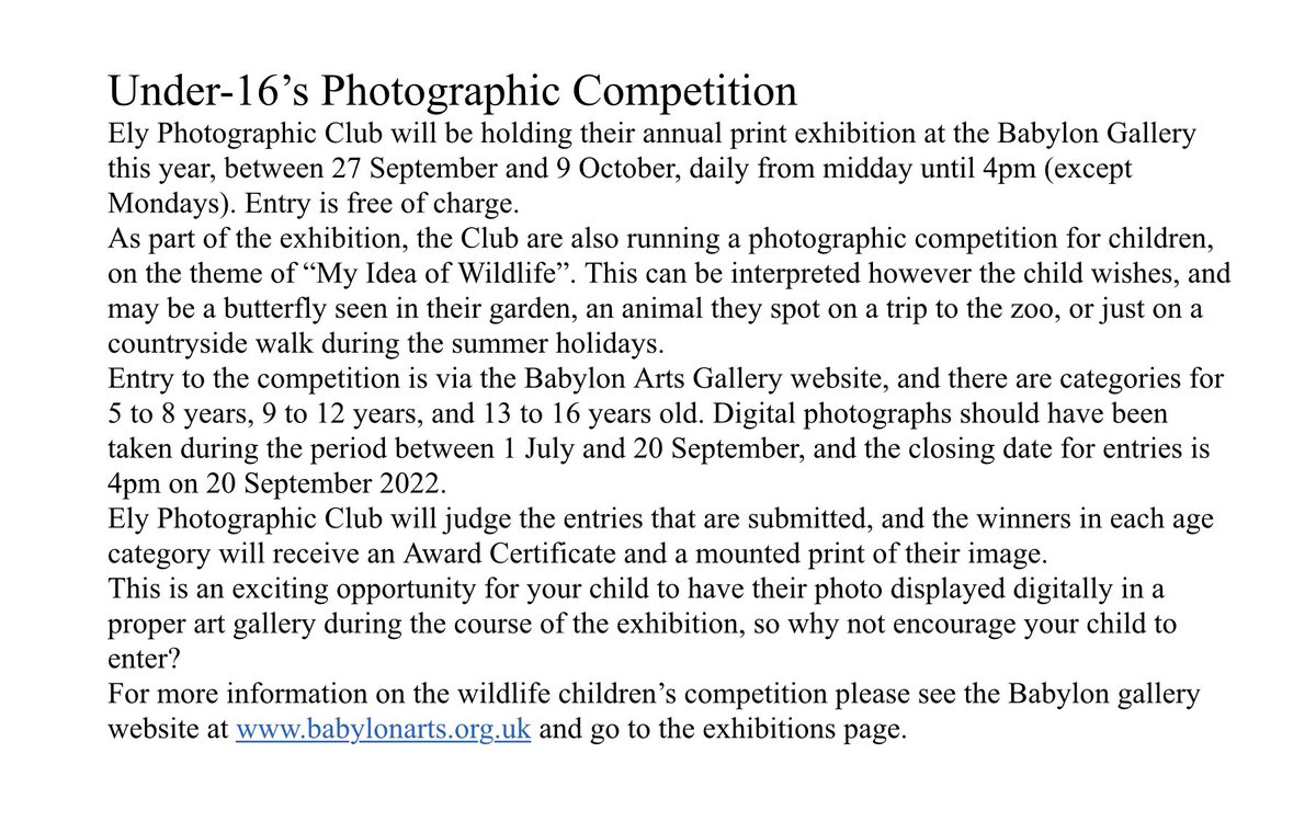 LOOK 👀 
Are you under 16 &amp; interested in wildlife photography,enter our free wildlife competition &amp; see your entry digitally <a href="/BabylonArtsEly/">Babylon Arts</a> 
<a href="/Kings_Ely/">King's Ely</a> <a href="/SpottedInEly/">Spotted In Ely</a> <a href="/ElyWildspace/">Ely Wildspace</a> <a href="/cambsyouthpanel/">Cambs Youth Panel</a> @elycollege <a href="/CambridgeCVS/">CCVS #NeverMoreNeeded</a> <a href="/20TwentyProduct/">20Twenty Productions</a> <a href="/CambridgeOnline/">Cambridge Online</a> <a href="/FascinatingFens/">Fascinating Fens</a>
