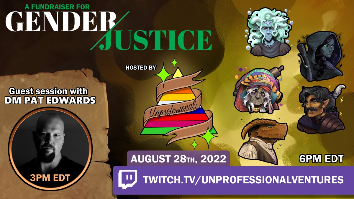 AmateurishProd's tweet photo. Don't forget to tune in this Sunday for 5e for charity! There will be goofs, there will be giveaways, there will be TWO sessions (shoutout @ThePatEdwards). All money raised will go to @GenderJustice 💜 

https://t.co/r8x67TNINg https://t.co/GtIOV5NA0F