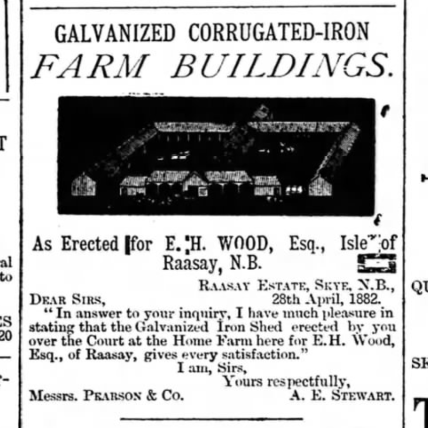 CalumRaasay's tweet photo. My favourite: An advert for Galvanized, Corrugated-Iron farm buildings with a ringing endorsement from the Woods estate. This is the original Steading Building. 

The Bury and Norwich Post, 15 Jan 1884 https://t.co/u0xS7pT4fm
