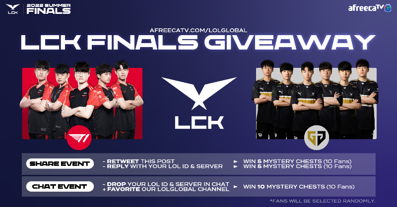 SOOP_EN's tweet photo. #LCK x AfreecaTV Finals Event!

4 Ways to Win:
🎁 Retweet this Post!
🎁 Comment on this post with your LoL ID &amp; Server!
🎁 Drop your LoL ID &amp; Server in our LCK stream &amp; favorite it!
🎁 [BONUS] Complete any task above and win a gift card or team merch!
🔗 https://t.co/gezBKfZZ4l