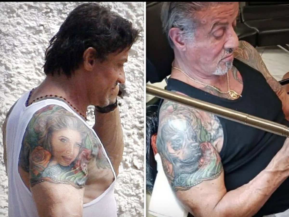 chris_flasher's tweet photo. Wow! When you turn your wife’s tattoo portrait into a dog head 😳. #sly @TMZ @THR @FOX5Vegas @extratv It just got serious! #hesnotplayin #ROCKY https://t.co/Y8hTj1WTgT