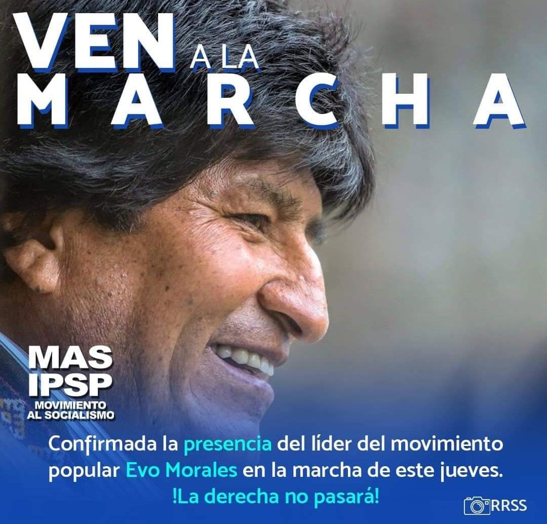 🔥 #ATENCIÓN 🔥 Confirmada la presencia del líder del movimiento popular, líder de los humildes, nuestro 𝗖𝗼𝗺𝗮𝗻𝗱𝗮𝗻𝘁𝗲 <a href="/evoespueblo/">Evo Morales Ayma</a>, en la GRAN MARCHA en defensa de la democracia.

#UnidosSomosMAS  
#LaDerechaNoPasará
#UnidosEstamosSaliendoAdelante