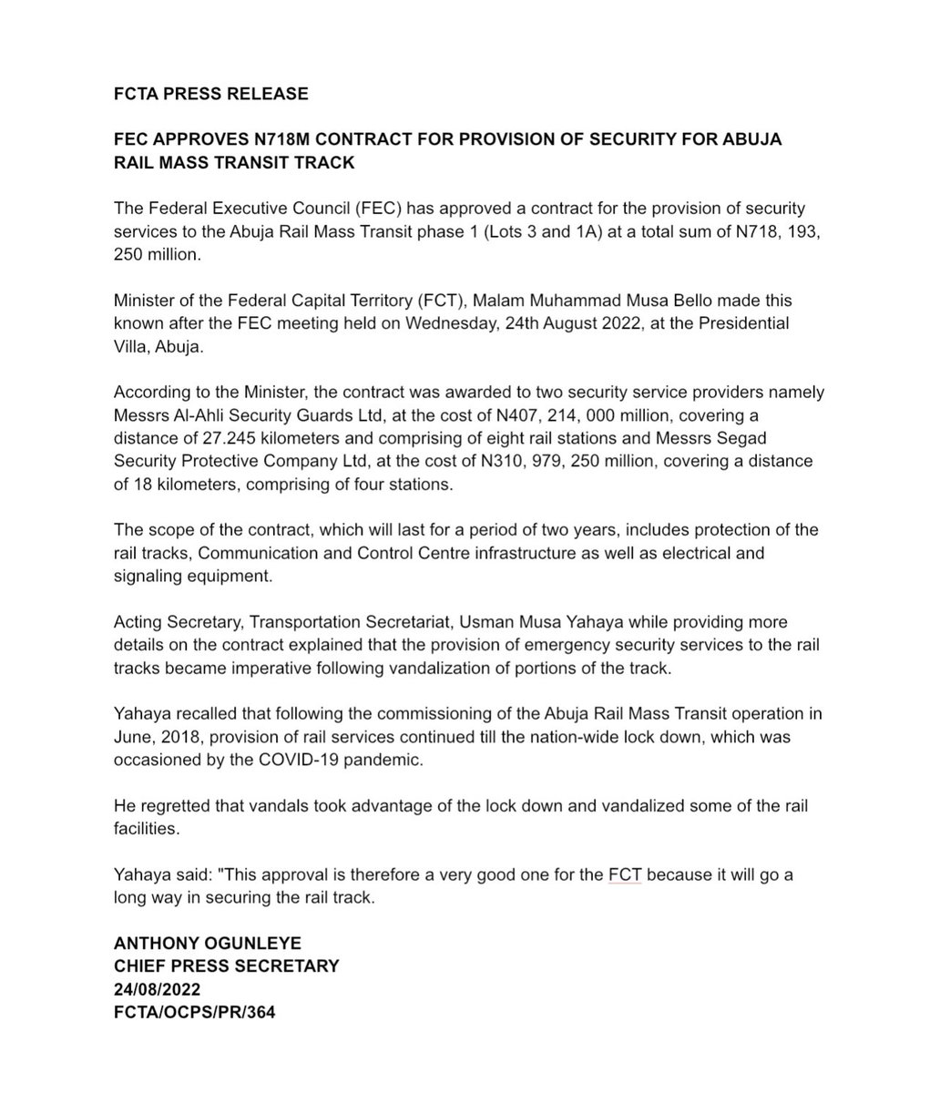 toluogunlesi's tweet photo. FACTCHECK:

This is a comprehensive note to provide the FACTS about #AbujaMetro aka Abuja Mass Transit Rail. You won't find all these details in one place anywhere else. 

The forthcoming #AbujaMetro event is NOT a "Commissioning." The FCTA is NOT calling it a commissioning—their statement says it is a "Commencement of Commercial Operations."

Key Phrase there is "Commercial Operations". 

Between the Commissioning in 2018, and Covid in 2020, the #AbujaMetro ran what you can call a trial service or test-run. (Normal stuff -- Recall that the Lagos Blue Line also did a test-run between February 2023 and September 2023, when full commercial operations kicked off).

#AbujaMetro was commissioned by @MBuhari on July 12, 2018 -- Photos attached. It is the FIRST "Mass Rapid Transit" (MRT) system in West Africa, ahead of Dakar and Lagos. The project was completed by FCT Minister Muhammad Musa Bello: https://t.co/Bqass8PbK8

Operations were suspended during Covid, and the project subsequently suffered significant vandalisation.

Here's what the then Permanent Secretary, FC, Olusade Adesola said during a visit on October 30, 2022: "You will recall that the project was TEST RUN shortly after it was commissioned and thereafter, the advent of the COVID pandemic resulted in a forced closure and suspension of the operations."

This is what the Director of Transportation of FCTA, Joseph Akinteye said, on August 5, 2023:  “Unfortunately, the TRIAL SERVICE ended abruptly in March 2020 due to the advent of COVID-19 pandemic and its extant protocols..."

#AbujaMetro TIMELINE

July 12, 2018: PMB inaugurates/commissions the project -- and trial service / test run commences soon after

March 2020: The trial service is suspended, following the outbreak of Covid-19
https://t.co/GKfBexhEvz

News Story, December 2021: "Abuja Metro Line suspended over vandalism" -- "The Acting Secretary, FCTA Transport Secretariat, Usman Yahaya told 21st CENTURY CHRONICLE that at the last count, '48 points were vandalised.'"
https://t.co/BlpPS9Y6Sh

August 24, 2022: The Federal Executive Council approves a security contract for #AbujaMetro: https://t.co/jERNkxAxXF

August 4, 2023: FCT Permanent Secretary (who's in charge of the Ministry, as Cabinet hasn't been inaugurated yet) formally announces that a N5 Billion Contract has been awarded to CCECC for the repairs / restoration of the vandalized #AbujaMetro infrastructure. He made the announcement at the ceremony to flag-off the repairs (4th photo, attached)
https://t.co/va1PpyjKZw
https://t.co/xDxfEBoAkV

[NB. I believe that this rehabilitation contract was approved by the (outgoing) FEC earlier in 2023. Will get the exact date/details of this FEC approval and share]

August 23, 2023: Two (2) days after being sworn-in as FCT Minister, HM Wike undertakes his first Tour of #AbujaMetro, and pledges to ensure that the rehabilitation contract is fully funded and that the line is back in operation as soon as possible.

October 30, 2023: Federal Executive Council approves N5.9 billion for construction of outstanding access roads to #AbujaMetro Stations https://t.co/hh6frA2Vit

News Story, December 2023: "Thirteen suspects, 10 of whom were casual workers, engaged by a Chinese company, have been arrested for vandalism of armoured cables and other associated equipment of Abuja mass transit rail. Their arrest was effected by a private guard company contracted to safeguard the infrastructure."
https://t.co/MWeenXRMIu

January 11, 2024: FCT Minister undertakes Inspection Tour of #AbujaMetro

January 31, 2024: FCT Minister undertakes Tour of #AbujaMetro, to inspect construction of outstanding access roads to Stations (including the access roads to Wupa and Basanjiwa Stations).

May 23, 2024: FCTA Press Statement -- "The commencement of commercial operations of the Abuja Rail Mass Transit System also known as the Abuja Light Rail will now be flagged off on Democracy Day, Wednesday, May 29th, 2024 by His Excellency, President Bola Ahmed Tinubu at 1:00 pm."

— Tolu Ogunlesi