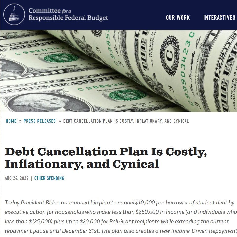 cashmank_'s tweet image. Hmm, the organization that constantly advocates for tax cuts for wealthy people *as a way to reduce the national debt* calls the student debt plan "costly, inflationary, and cynical." 🤔