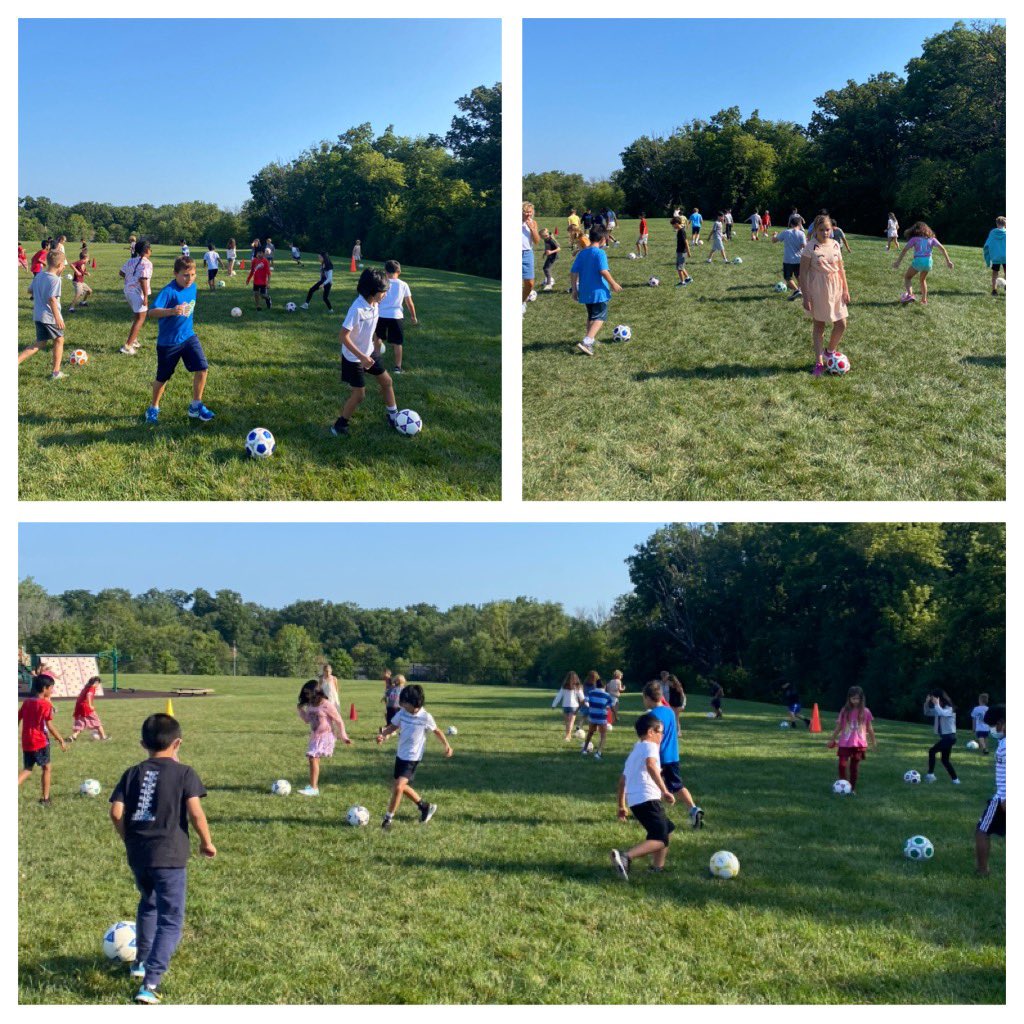 The 3rd and 4th graders were working hard today on their soccer dribbling! What a beautiful day to be outside! #d96 #pe #soccer