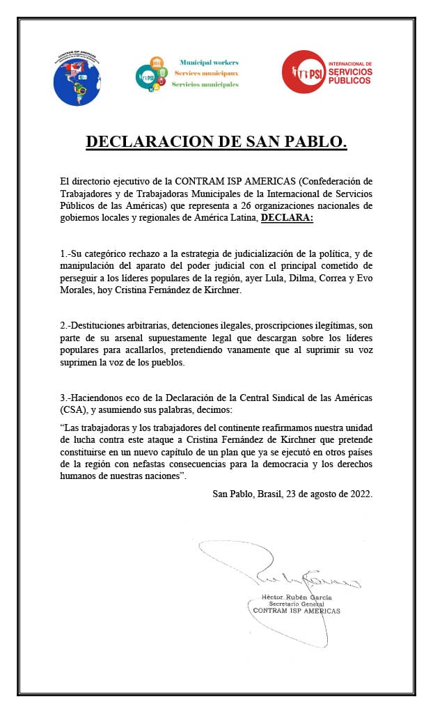 garciamunicipal's tweet photo. REUNIÓN DEL DIRECTORIO EJECUTIVO DE LA #CONTRAM ISP AMERICAS EN SAN PABLO:

Los Sindicatos de las Américas firmamos una Declaración de Solidaridad con la compañera @CFKArgentina. https://t.co/eEq6Zlg6yu