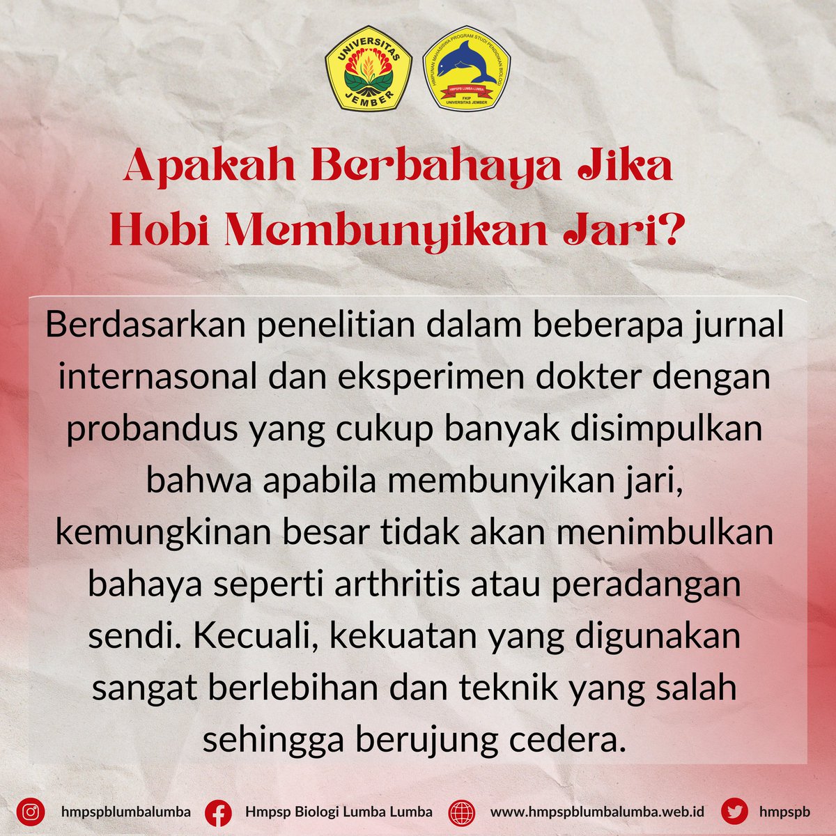 hmpspb's tweet photo. Siapa yang suka membunyikan jari hayo, bahaya gak sih? Anak PBIO setelah bikin laporan biasanya jari terasa pegal kan. Nah membunyikan jari terkadang jadi solusi untuk melegakan. Yuk kita cari tahu bareng 🤩☝️ https://t.co/kcc0N7xjqm