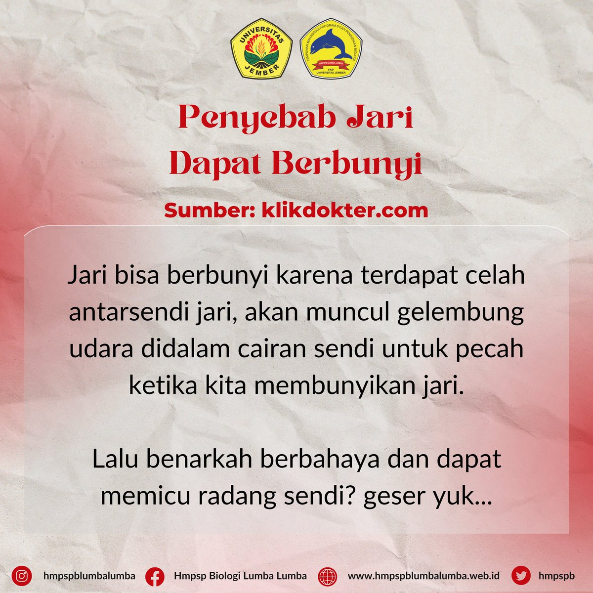 hmpspb's tweet photo. Siapa yang suka membunyikan jari hayo, bahaya gak sih? Anak PBIO setelah bikin laporan biasanya jari terasa pegal kan. Nah membunyikan jari terkadang jadi solusi untuk melegakan. Yuk kita cari tahu bareng 🤩☝️ https://t.co/kcc0N7xjqm