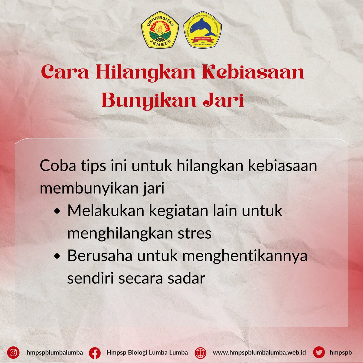 hmpspb's tweet photo. Siapa yang suka membunyikan jari hayo, bahaya gak sih? Anak PBIO setelah bikin laporan biasanya jari terasa pegal kan. Nah membunyikan jari terkadang jadi solusi untuk melegakan. Yuk kita cari tahu bareng 🤩☝️ https://t.co/kcc0N7xjqm