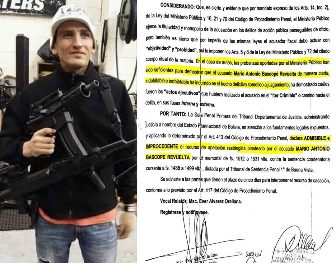 Informamos al pueblo boliviano que la Sala Penal Primera del TDJ #SantaCruz confirmó la sentencia condenatoria por 10 años por el delito de tráfico de sustancias controladas contra Mario Bascopé, uno de los cabecillas de la organización parapolicial y criminal, #RJC.

#Justicia