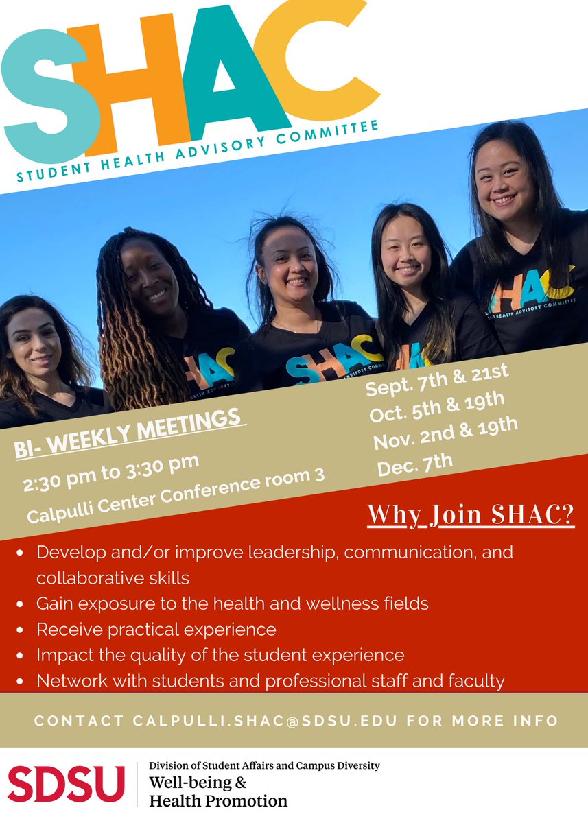 SDSU_SHS's tweet photo. The Student Health Advisory Committee is looking for new student members! Meetings are held 2x month in person! Join us!! https://t.co/UFIinidpFA