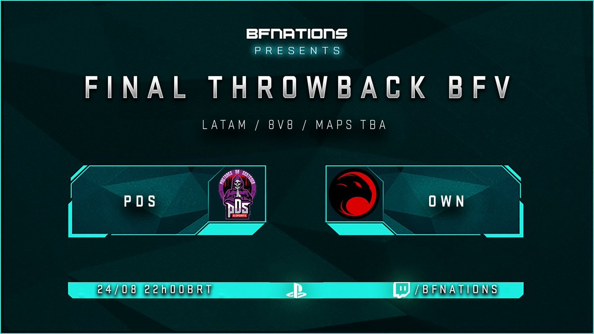 BfnationsLATAM's tweet photo. #BattlefieldV

💥No te pierdas hoy la final del torneo 8 vs 8.🔥

🏆PDS vs OWN🏆

▶ Nos vemos a las 22h00BRT de hoy 24.08

🔗 https://t.co/2Z9Fj6f1tZ

#EA #DICE 
#BFNations #BFNLatam 
#PS4 #PS5 #Xbox #PC https://t.co/PGlQ5xCIBN