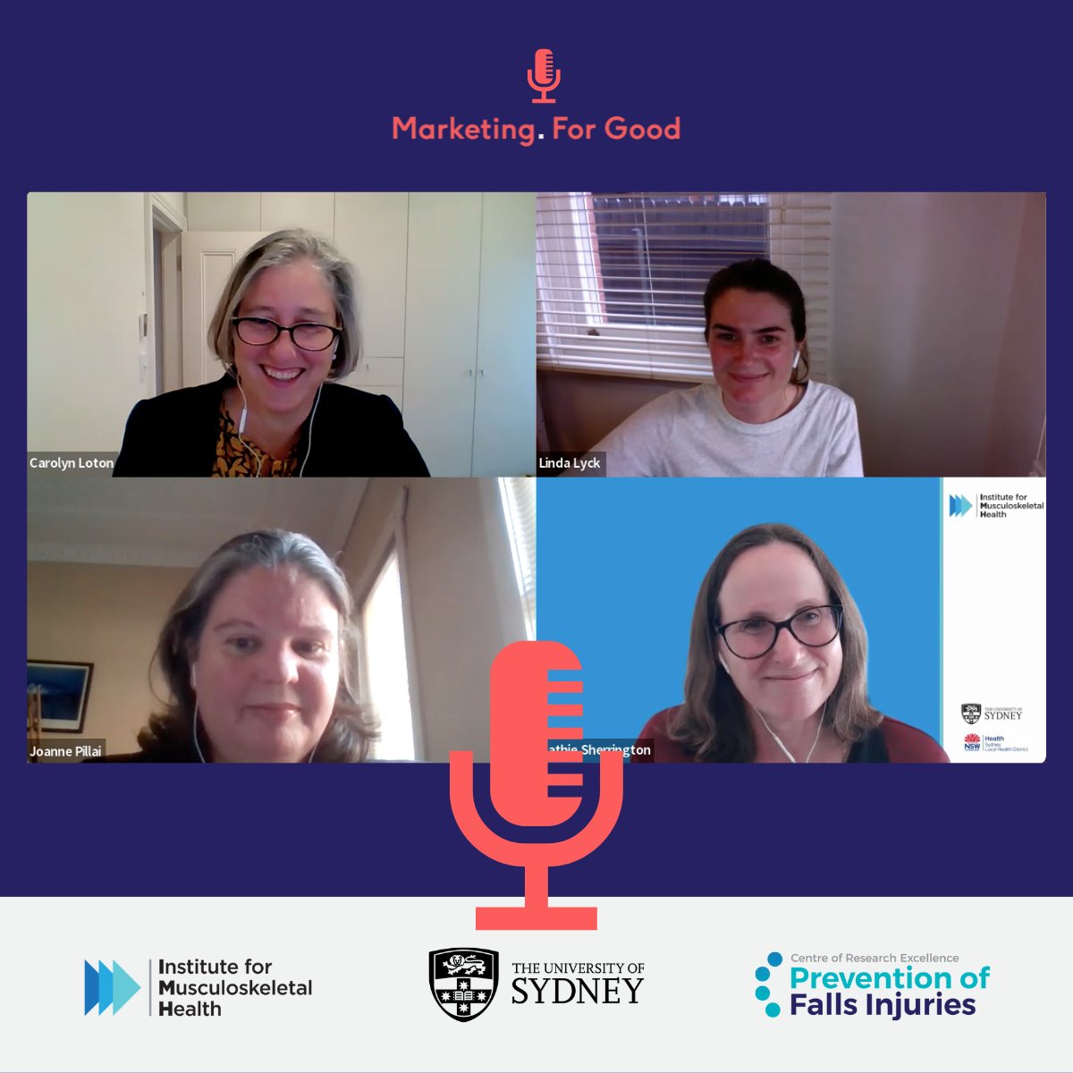 Recording in session! Last week we recorded the fifth episode of the Marketing for Good Podcast with special guest Professor <a href="/CathieSherr/">Prof Cathie Sherrington</a> . During, we discuss falls prevention. Research shows that it is a significant yet overlooked issue. Stay tuned for this episode!