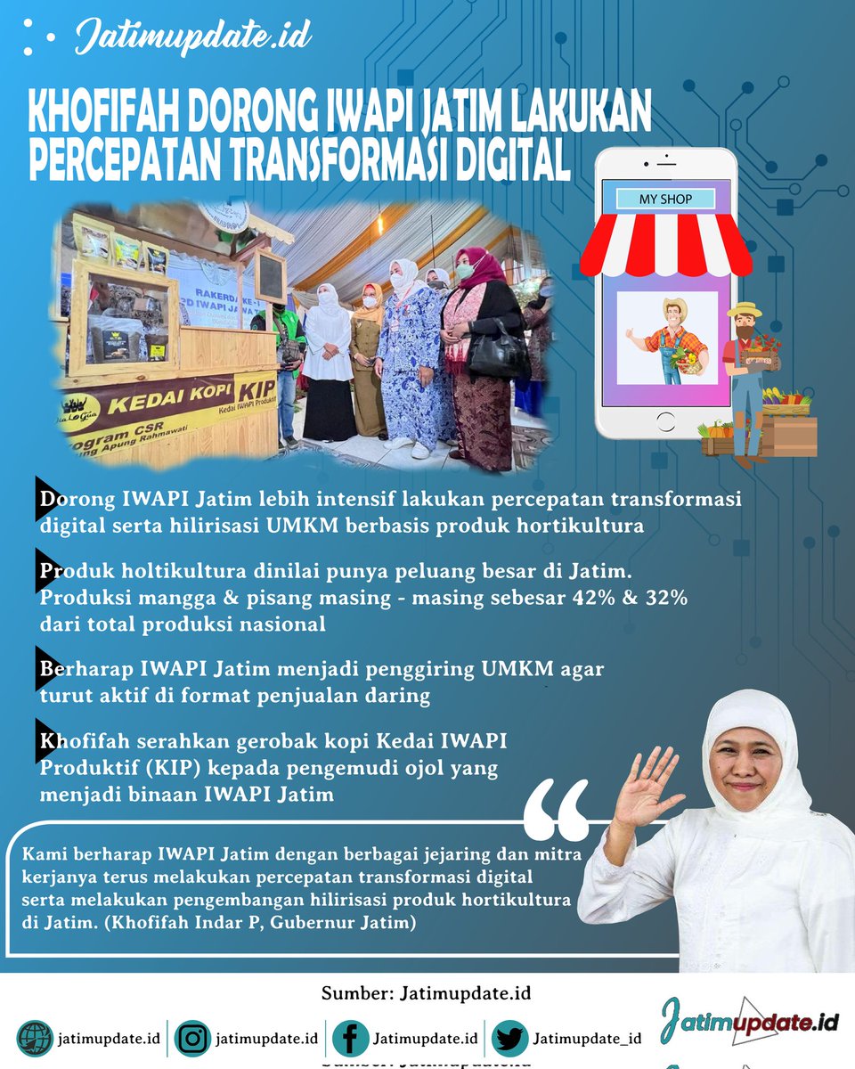 Jatimupdate_id's tweet photo. Khofifah dorong IWAPI Jatim lakukan percepatan transformasi digital
Baca selengkapnya di : https://t.co/bE3STw0vSm
#pemprovjatim #khofifah #khofifahindarparawansa #jawatimur #jawatimurkeren #ekonomi #ekonomiindonesia #iwapi #iwapijatim #iwapiindonesia #holtikultura https://t.co/aJT0dTbz9H