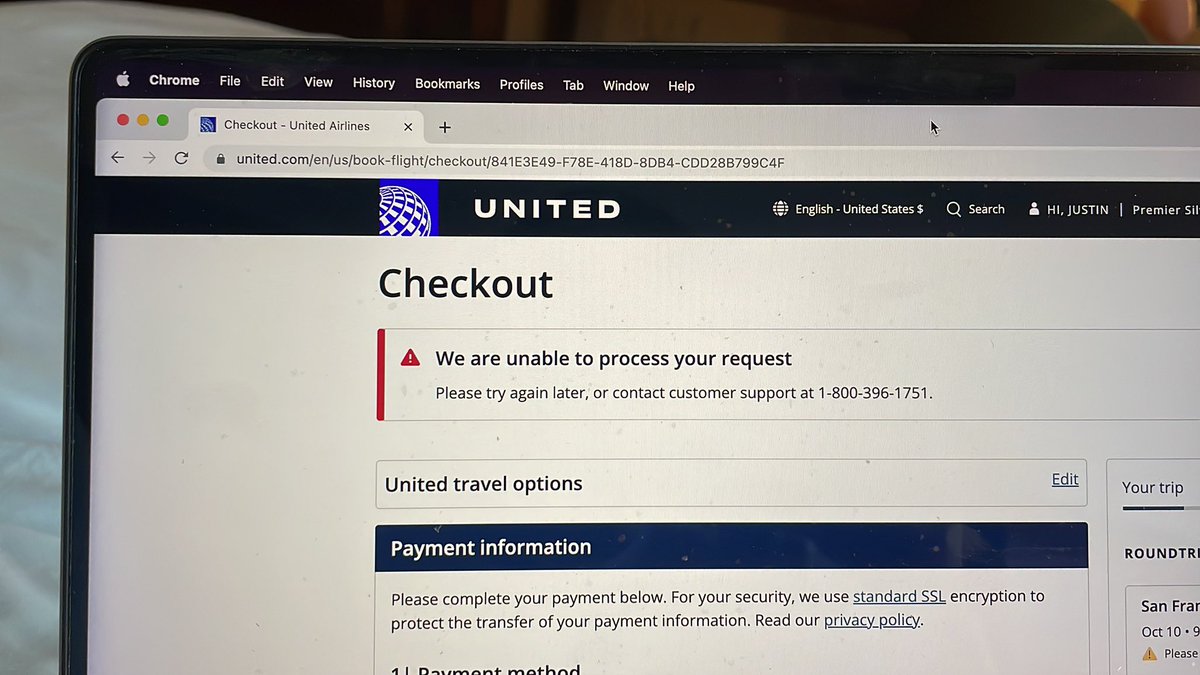 JustinLeung's tweet photo. Imagine running an airline and having a checkout system that is so broken that it just errors out and tells your customer to call support. Then when they call support, you tell your customer to stop using Safari and use Chrome instead. Guess how it goes on Chrome? @united https://t.co/QwAdfMXFc5