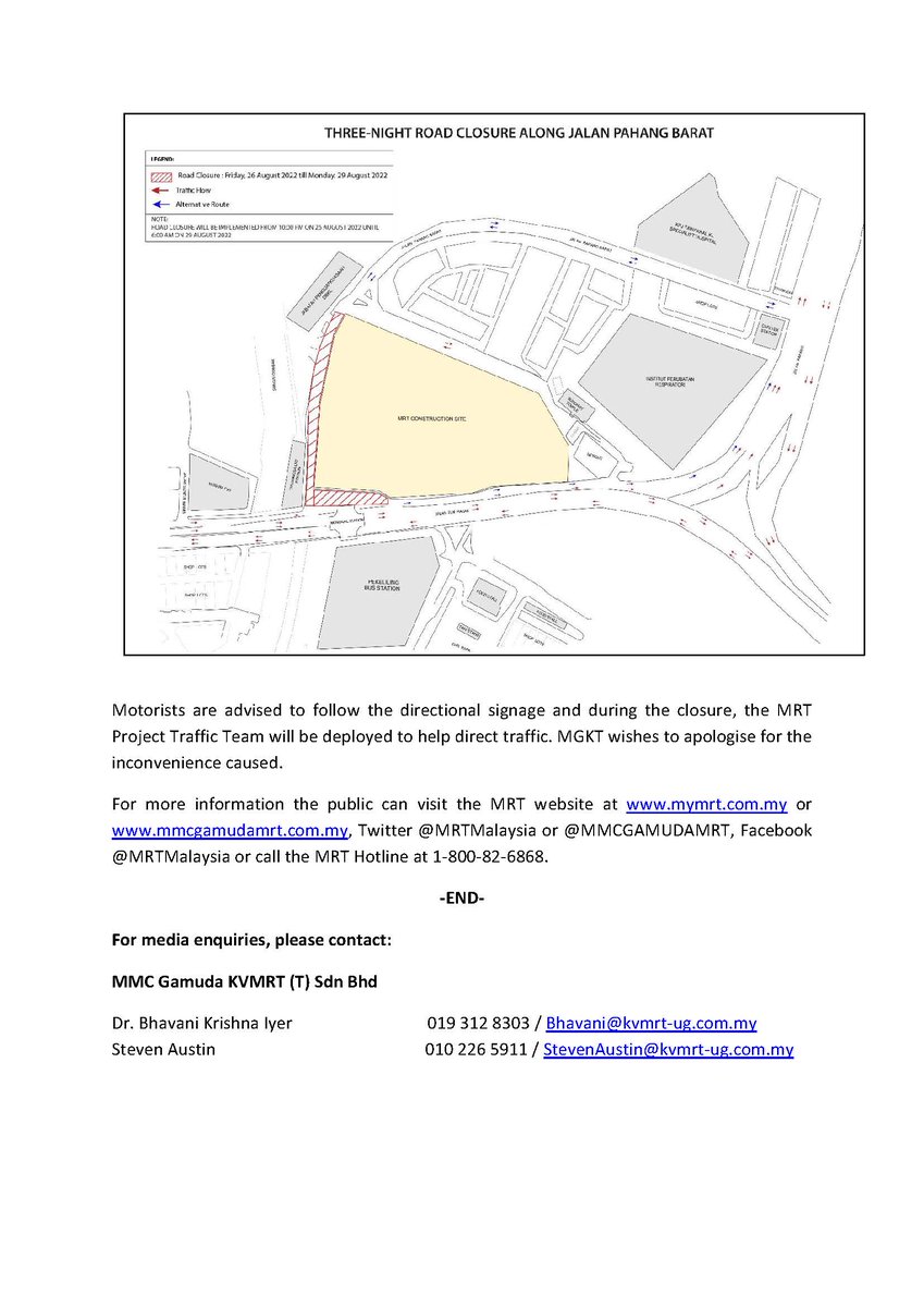 MMCGAMUDAMRT's tweet photo. Three-night road closure along a stretch of 
Jalan Pahang Barat between the Titiwangsa LRT &amp; Monorail Stations and Jabatan  Penguatkuasaan DBKL beginning 10pm on 26 Aug 2022 till 6am on 29 Aug 2022. Motorists are advised to follow the directional signage and during the closure. https://t.co/W3AJCBODQv