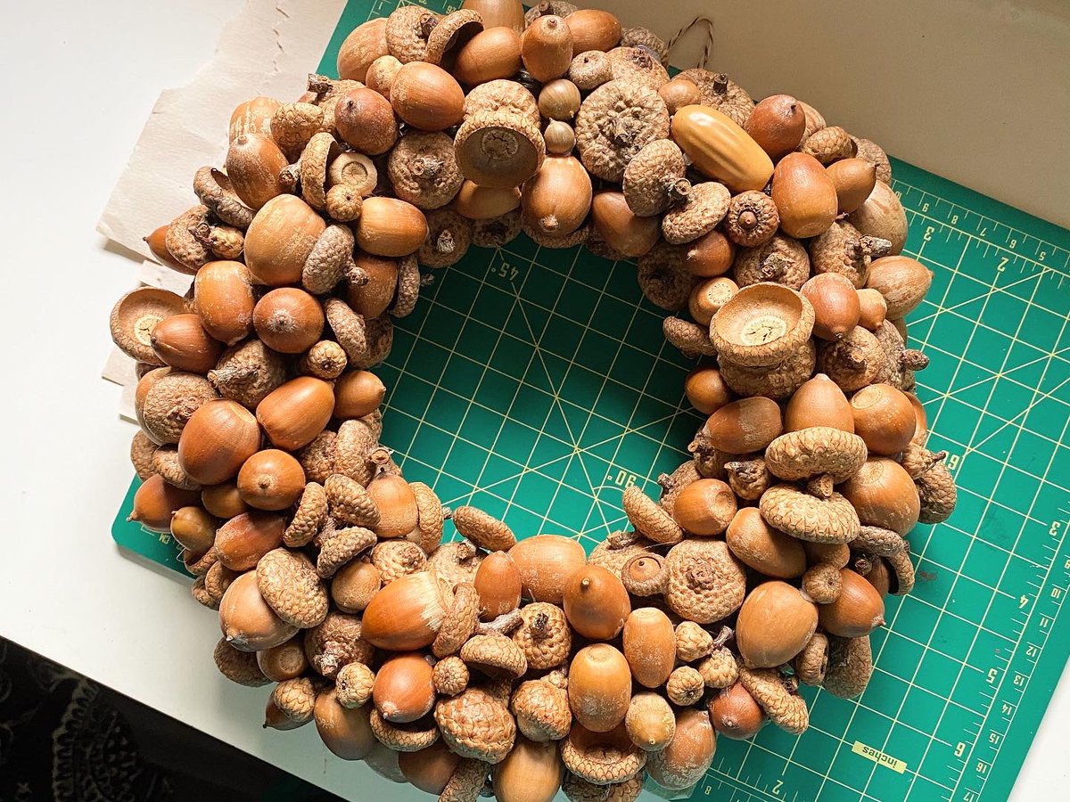 shroom_ware's tweet photo. I made an acorn wreath! It only took 10 months to collect and dry the acorns, and about 15 hours to paint the wreath and glue on the acorns 🐿 So no, sadly I won’t be selling these. This one is just for me!
#Totoros
#GhibliInspired https://t.co/kb0q7x9IUg